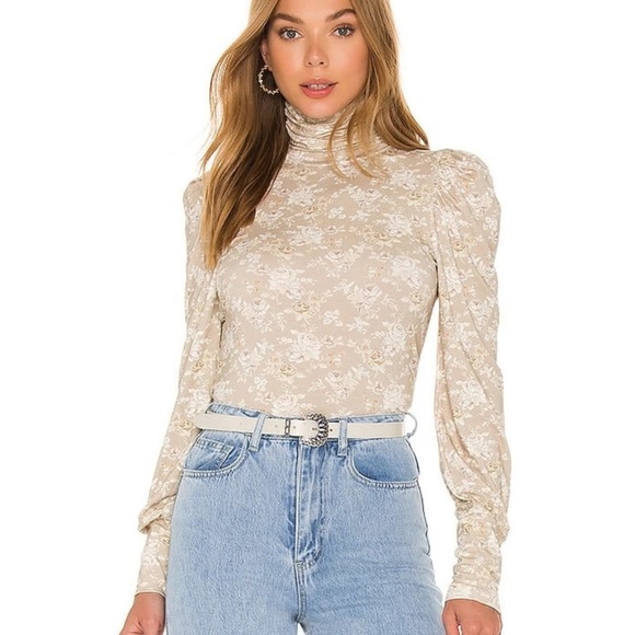LoveShackFancy Tops - New LoveShackFancy Vienna Neutral Beige Floral Puff Sleeve Turtleneck Top Small
